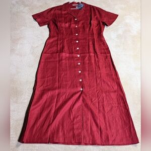 NWT EDDIE BAUER 100% Linen Burgundy Maxi Shirt Dress Size 16